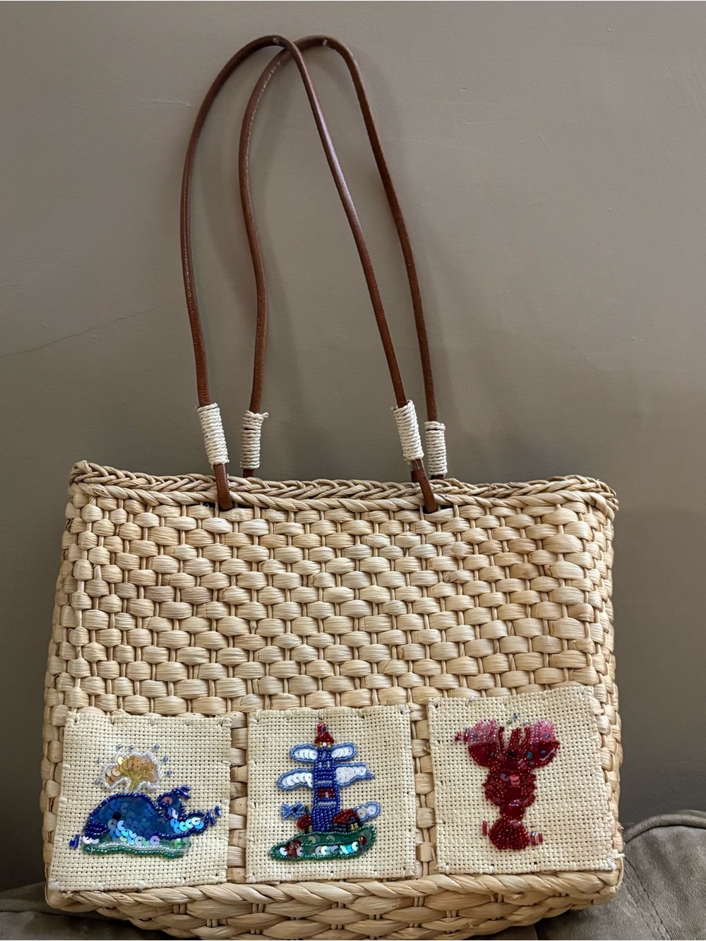 Cream Woven Tote with Sequin Beach Motifs and Brown Shoulder Straps